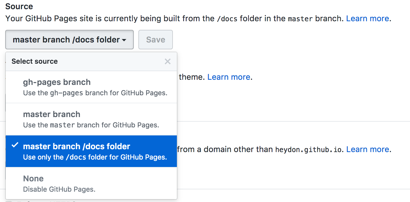 The publishing source dropdown menu on Github